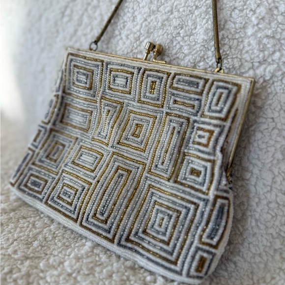Vintage Walborg Gold & White Beaded Geometric Evening Bag Clutch - Picture 3 of 7